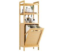 Armoire salle de bain bambou avec panier à linge 40 L - 3 étagères ouvertes fixation murale et range-serviettes panneau MDF