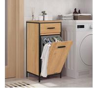 Armoire Salle de Bain - EUGAD Meuble d’appoint avec Panier à Linge - MDF et métal - 38x34x80cm - Chêne Clair+Noir