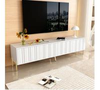 Armoire TV Blanche, Grand Meuble TV, 4 Portes en design rainuré, Style Moderne, Pieds dorés élégants, 190x38x48cm
