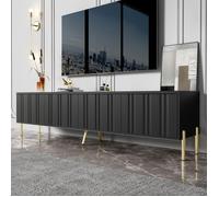 Armoire TV Noir, Grand Meuble TV, 4 Portes en design rainuré, Style Moderne, Pieds dorés élégants, 190x38x48cm