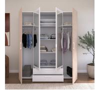 Armoire VARIA - Décor chêne et blanc - 4 portes battantes + 2 miroirs - L 160 x H 185 x P 52 cm - PARISOT