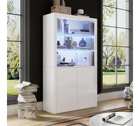 Armoire vitrine avec éclairage LED, meuble haut laqué blanc avec 2 portes et 2 étagères en verre, bibliothèque, meuble de cuisine, meuble indépendant, meuble multifonctionnel pour salon, chambre ou bu