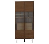 Armoire vitrine avec plusieurs compartiments - Meuble de rangement - Fabriqué en MDF - Façade en verre - Support pour sol - Tiroir dissimulé - À assembler - Aspect bois en noyer