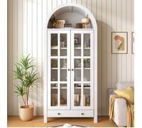Armoire Vitrine Cintrée-Meuble de Rangement- Armoire de Rangement Haute-3 étagères réglables-2 Portes vitrées-1 Tiroirs-Blanc