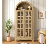Armoire Vitrine Cintrée-Meuble de Rangement- Armoire de Rangement Haute-3 étagères réglables-2 Portes vitrées-1 Tiroirs-Naturel
