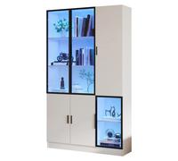 Armoire vitrine - Meuble de rangement - Hauteur : 200 cm - Éclairage LED - Bibliothèque - Porte en verre - Fabriqué en MDF et en panneaux de particules - Couleur : blanc