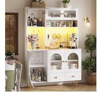 Armoires Cuisine - Buffet-Haut Vaisselier avec Prises Électriques LED-avec Plans de Travail et Deux Tiroirs-4 Portes en Verre-Blanc