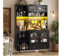 Armoires Cuisine - Buffet-Haut Vaisselier avec Prises Électriques LED-avec Plans de Travail et Deux Tiroirs-4 Portes en Verre-Noir