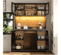 Armoires Cuisine - Buffet - Haut Vaisselier avec Prises Électriques LED-avec Plans de Travail-Étagères Réglables-120x40x180cm-Noir