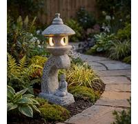 Arnusa Lampe solaire de jardin Pagode 60 cm - Lampe de jardin LED aspect pierre avec Bouddha - Blanc chaud - Lanterne solaire pour jardin, terrasse et bassin