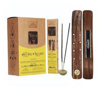 AROMASENSES | Encens Yatra Parimal Sauge Blanche + Palo Santo | Boîte Complète de 12 Paquets de 15 g + 1 Porte-Encens Aromasenses | Bâtons d’Encens Masala Faits à la Main en Inde