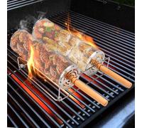 AROMUJOY 8 Pièces Set de Panier à Barbecue Roulant, Paniers de Gril Cylindriques en Acier Inoxydable 304, Accessoires Grille Exterieur Camping avec Supports, Cadeau Anniversaire Homme Papa