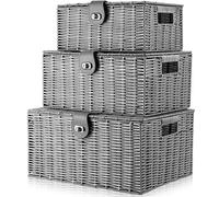 ARPAN Lot de 3 paniers de rangement en résine tressée avec couvercle et verrou Gris Taille L M Taille S