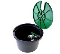 Arquette d'irrigation circulaire à enterrer avec robinet métallique 3/4" mâle. Ø Base 17 cm - Ø Couvercle 19 cm - Hauteur 14 cm - Couvercle charnière à ouverture facile. Robuste et résistant