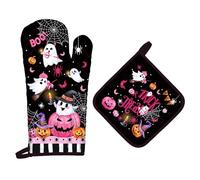 Arquiel Gants De Four & Maniques Halloween Rose Fantôme Lot De 2, 100% Coton Maniques Cuisine Gant Four Anti Chaleur Extra-Longue pour Barbecue, Griller,Micro-Ondes Décoration Cadeaux Vacances
