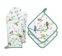 Arquiel Gants De Four & Maniques Lot De 4, 100% Coton Maniques Cuisine Gant Four Anti Chaleur Extra-Longue pour Barbecue, Cuisine, Griller,Micro-Ondes(Branche Oiseau)