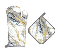 Arquiel Gants De Four & Maniques Marbre Beige Doré Lot De 2, 100% Coton Maniques Cuisine Gant Four Anti Chaleur Extra-Longue pour Barbecue, Griller,Micro-Ondes Décoration Cadeaux Vacances