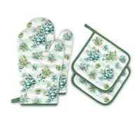 Arquiel Gants De Four & Maniques Vert Succulent Lot De 4, 100% Coton Maniques Cuisine Gant Four Anti Chaleur Extra-Longue pour Barbecue, Cuisine, Griller,Micro-Ondes Décoration Cadeaux Vacances