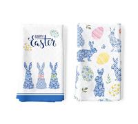 Arquiel Lot de 2 Torchons de Cuisine Pâques Lapin Décoratif Essuie Main Absorbante 100% Coton Bleu Et Blanc Torchon Vaisselle Saisonnier Cadeaux pour Crémaillère et Cuisine 48 cm x 70 cm