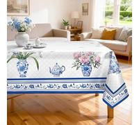 Arquiel Nappe rectangulaire imperméable à Motif de Fleurs d'été avec Bordure Bleue pour Cuisine, Salle à Manger, décoration de fête (152,4 x 264,2 cm)