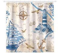 Arquiel Rideau De Douche, Bateau à Voile Style Nautique Lavable 182x182 cm Imperméable Polyester Rideau De Bain pour Baignoire, Salle De Bain Décor avec œIllets Et 12 Crochets