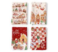 Arquiel Torchons de Cuisine Lot de 4, Bonhomme Pain D'épices Rouge Essuie Main Absorbante 100% Coton Torchon Vaisselle Saisonnier Cadeaux pour Crémaillère et Noël Décoratif 48 cm x 70 cm