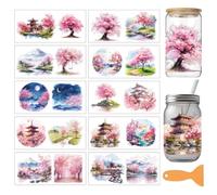 arricraft 10 Pcs Cherry Blossom Paysage PVC Cup Transfer Stickers, Aquarelle Cherry Blossoms Pattern UV Sticker imperméable pour 16 oz Lunettes Décoration de fenêtre 24x11cm