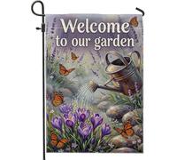 Arrosoir Drapeau de jardin, printemps nature papillon crocus printemps violet double face en toile de jute décorative pour extérieur, terrasse, pelouse, porche, entrée, camping 30,5 x 45,7 cm
