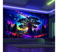 Arsey Tapisserie murale à lumière noire Forêt Trippy Tapisserie murale réactive aux UV Haut Arbre Étoiles Galaxie Serviette murale esthétique Décoration pour salon Multicolore Extra Large 300 x 180 cm