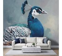 Art Animalier Moderne Papier Peint Panoramique 500L x 280H cm, Beaux Arts Animal Paon Bleu Plume Affiche Fresque Murale, Bleu Papier Peint 3D Mural pour Salon Chambre d'enfants Salle de Jeu Décor
