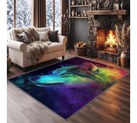 Art Fantastique 140 x 200 cm Tapis de Salon Moderne, Doux Psychédélique Étoilé Animal Tête de Loup Imprimé Tapis - Noir Moquette Antidérapant pour Salle à Manger Chambre Couloir Bureau Salle de Jeu