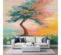 Art Fantastique Papier Peint Panoramique 450L x 315H cm, Paysage Naturel Floral Dégradé Arbre Fresque Murale Papier Peint - Bleu Canard Murale Poster Tableaux pour Chambre à Coucher Salle de Jeu