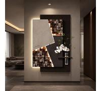 Art Mural 3D en Grès avec LED, Décoration Abstraite avec Fausse Plantes Vase Peinture Géométrique Noir Gris pour Salon Bureau Hôtel(120x80cm(47.2x31.5in),F)