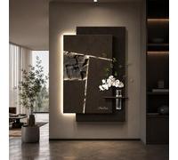 Art Mural 3D en Grès avec LED, Décoration Abstraite avec Fausse Plantes Vase Peinture Géométrique Noir Gris pour Salon Bureau Hôtel(120x80cm(47.2x31.5in),E)