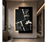 Art Mural 3D en Grès avec LED, Décoration Abstraite avec Fausse Plantes Vase Peinture Géométrique Noir Gris pour Salon Bureau Hôtel(120x80cm(47.2x31.5in),A)