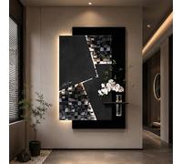 Art Mural 3D en Grès avec LED, Décoration Abstraite avec Fausse Plantes Vase Peinture Géométrique Noir Gris pour Salon Bureau Hôtel(120x80cm(47.2x31.5in),B)