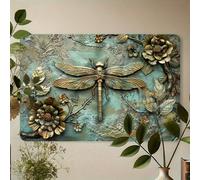 Art mural métallique vintage de libellule - Panneau de fer en relief 3D avec design floral, fond turquoise, pièce décorative d'intérieur et d'extérieur pour la maison, le café, le bar, la bibliothèque