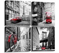 Art mural noir et blanc ville rouge images murales pour salon chambre décoration murale moderne Paris paysage peinture toile art bureau décoration maison 30 x 30 cm 4 pièces
