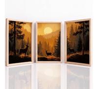 Art mural Set of 3, Nature Paysage Tableau Decoration Murale, Rustique Forêt Montagne Cerf Coucher De Soleil Paisible Impression sur Toile pour Salon Chambre à Coucher, 42 x 59.4 cm Sans Cadre