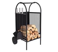 ART TO REAL Porte-bûches avec roulettes, chariot à bois de chauffage avec 3 outils, porte-bûches de cheminée en fer forgé noir, ensemble d'outils de cheminée