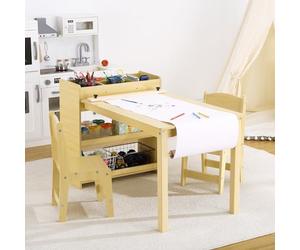 ARTEMOTUS Ensemble Table d’activités Enfant en Bois + 2 chaises - Table de Dessin/écriture & Loisirs créatifs - Étagères de Rangement, dérouleur de Papier, Surface Facile à Nettoyer, pour Tout-Petits