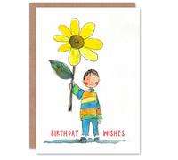 Artery8 Boy With Yellow Daisy Flower Cute Child Drawing For Her Woman Birthday Card