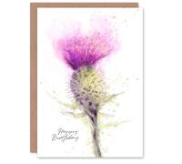 Artery8 Carte d'anniversaire Happy Birthday Motif chardon écossais Fleur aquarelle
