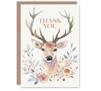 Artery8 Elegant Stag With Autumn Wild Flowers Watercolour Blank For Him Or Her Art Thank You Card