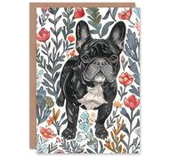 Artery8 Greeting Card Cute French Bulldog in Flower Garden Dog Lover Blank For Him Or Her Art Birthday Card