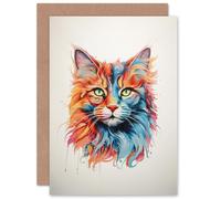 Artery8 Maine Coon Cat Lover Gift Pet Portrait Orange Blue Pink Artwork Painting Sealed Greeting Card Plus Envelope Blank inside