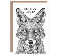 Artery8 Mystical Fox Black White Tribal Folk Art Wishes Blank For Him Or Her Art Birthday Card