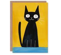 Artery8 Quirky Black Cat Lover Bold Yellow Blue Painting Blank For Him Or Her Art Birthday Card