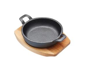 Artesa Casserole miniature en fonte Artesà avec planche de service en bois, poêle peu profonde allant au four, pour gratin, tapas, curry et viande, compatible avec une plaque à induction, ronde, noire