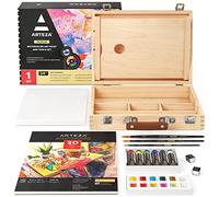 ARTEZA Kit de peinture aquarelle, 24 pièces, 18 aquarelles vives, 3 pinceaux aquarelle, bloc de papier aquarelle et toile, et étui de rangement en bois, fournitures d'art pour peintres